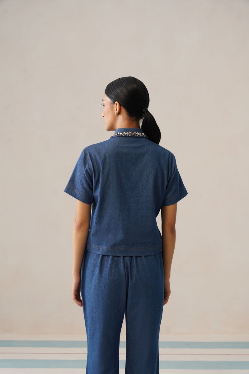 Blue Denim Embellished Collar Co-ord Set