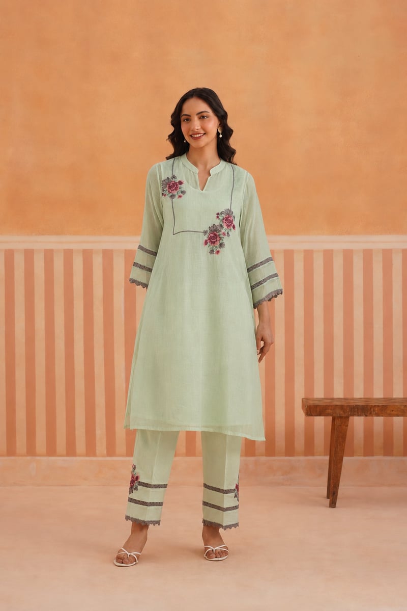 Sage Green Embroidered Mul Chanderi Kurta Set