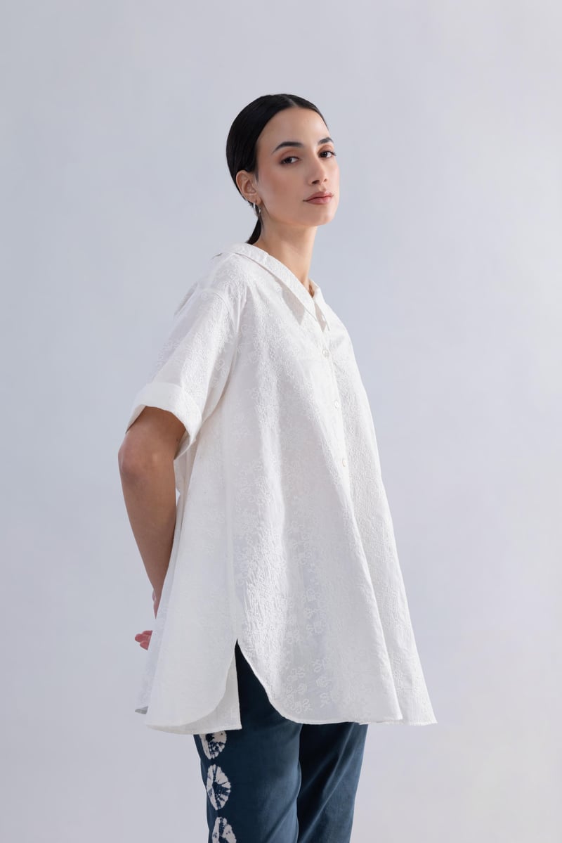 White Cotton Schiffli Anti-Fit Button-Down Shirt