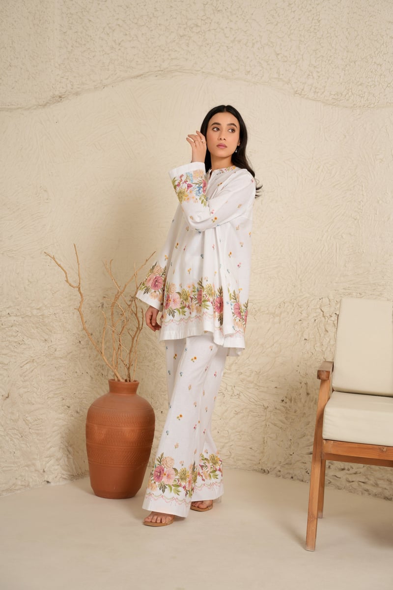 White Cotton Linen Floral Kurta and Trouser Set