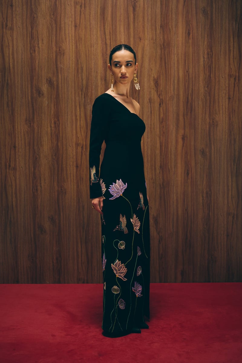 Black One-Shoulder Crepe Maxi Gown with Slit