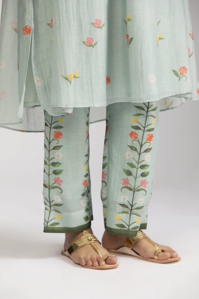 Ice Blue Floral A-Line Kurta Set with Embroidered V-Neck