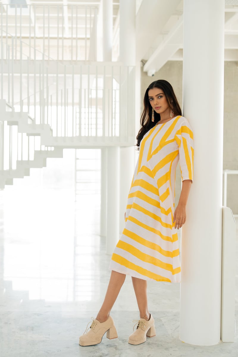 Yellow Striped Linen-Blend Midi Dress with Pockets