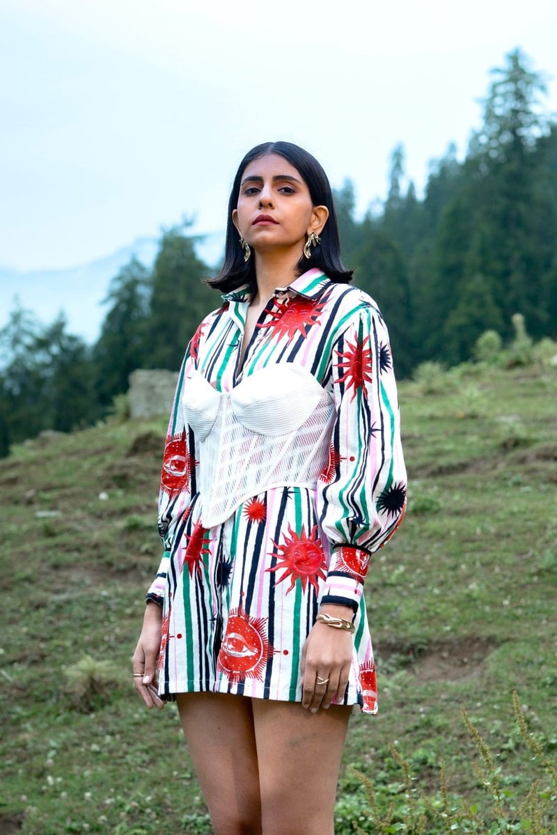 White/Green Printed Mini Shirt Dress