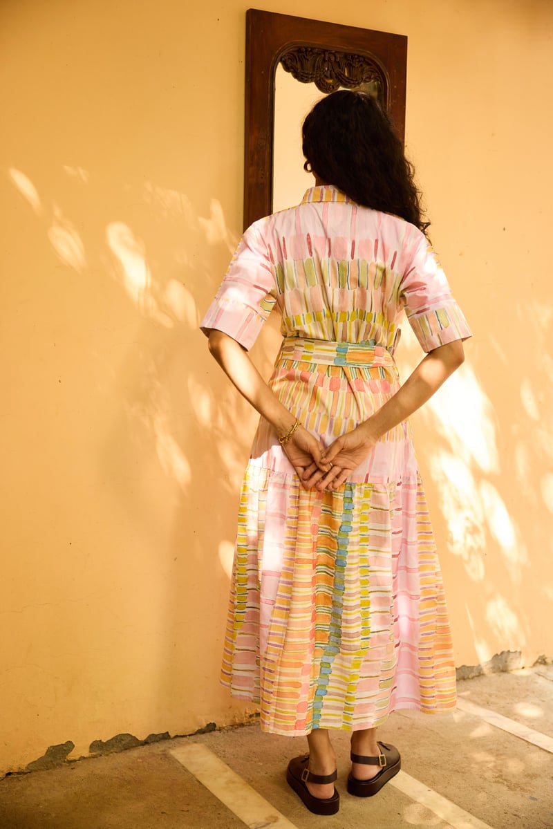 Multicolor Pastel Striped Maxi Shirt Dress with Belt