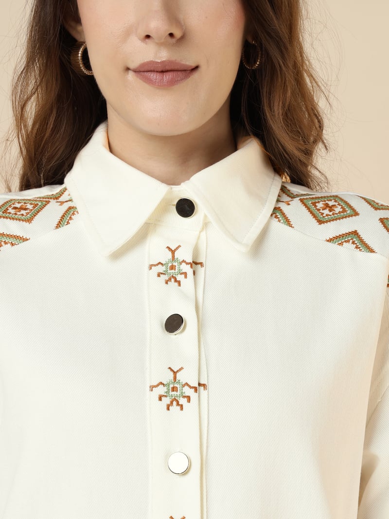 Ecru Cotton Twill Embroidered Button-Down Shirt