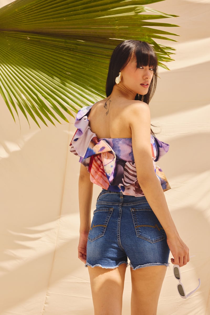 Multicolor One-Shoulder Ruffle Georgette Crop Top