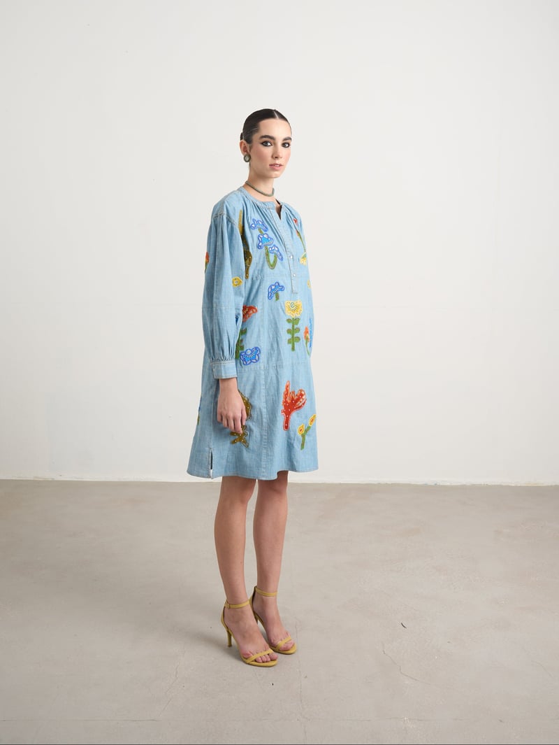 Blue Chambray Straight Knee-Length Dress with Patchwork Motifs