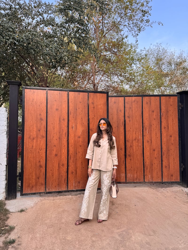 Beige Cotton-Linen Embroidered Co-ord Set