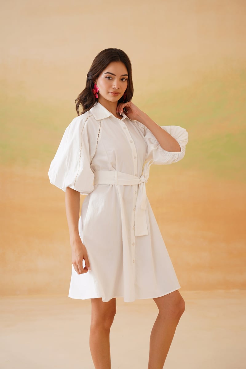 White Belted Shirt Dress with Balloon Sleeves