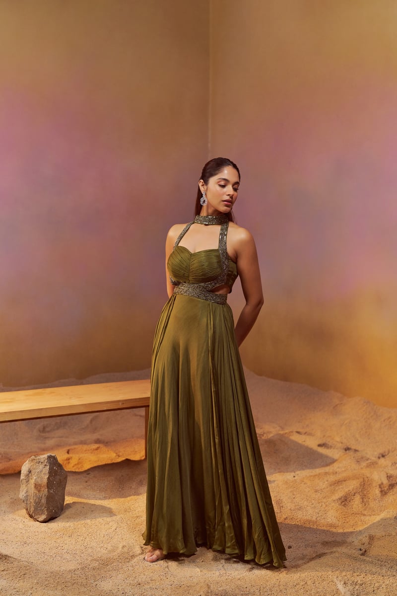 Dusty Olive Green Chiffon Halter-Neck Maxi Gown
