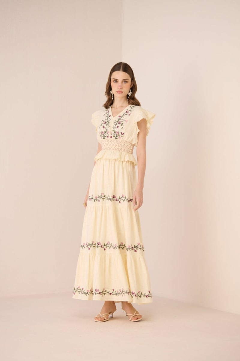 Cream Cotton Tiered Embroidered Maxi Skirt