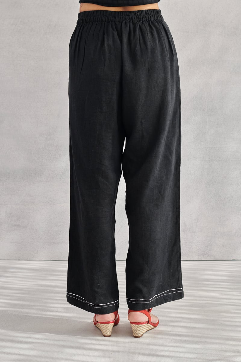 Black Linen-Blend Straight-Leg Trousers with Contrast Stitch