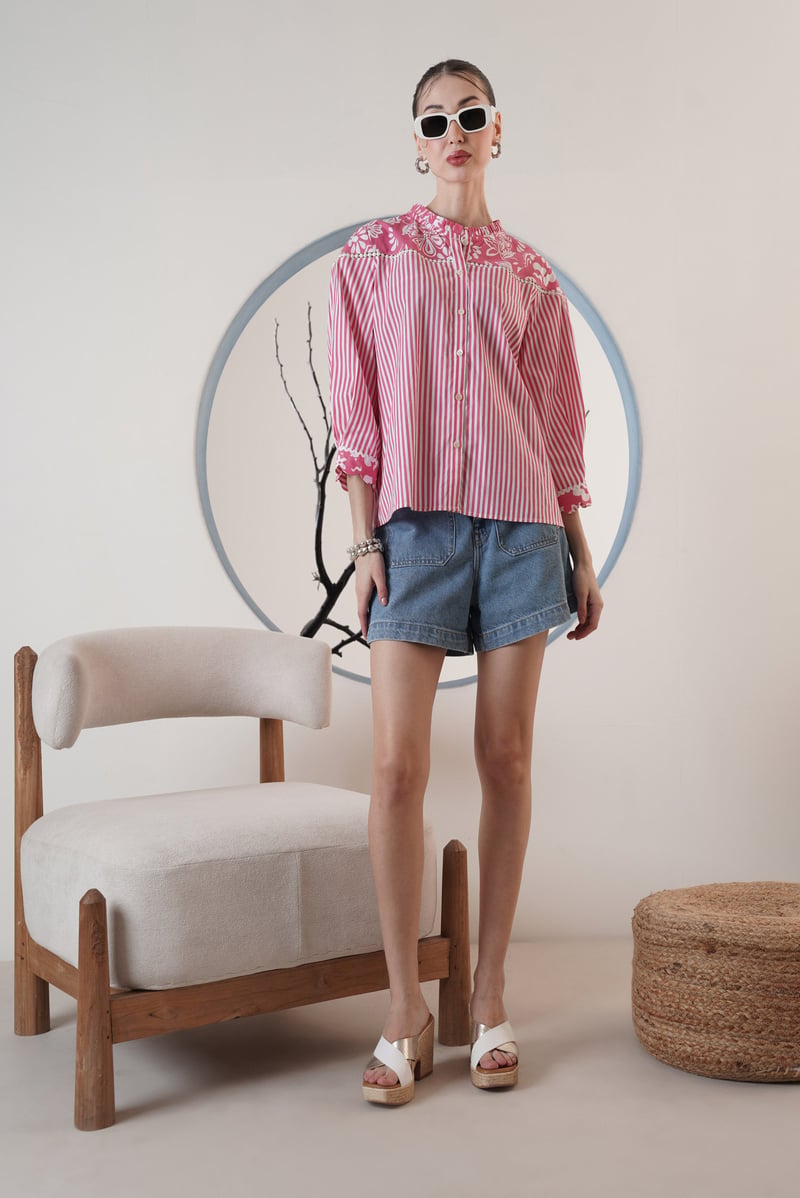 Pink Mixed-Print Striped Shirt with Lace Detail
