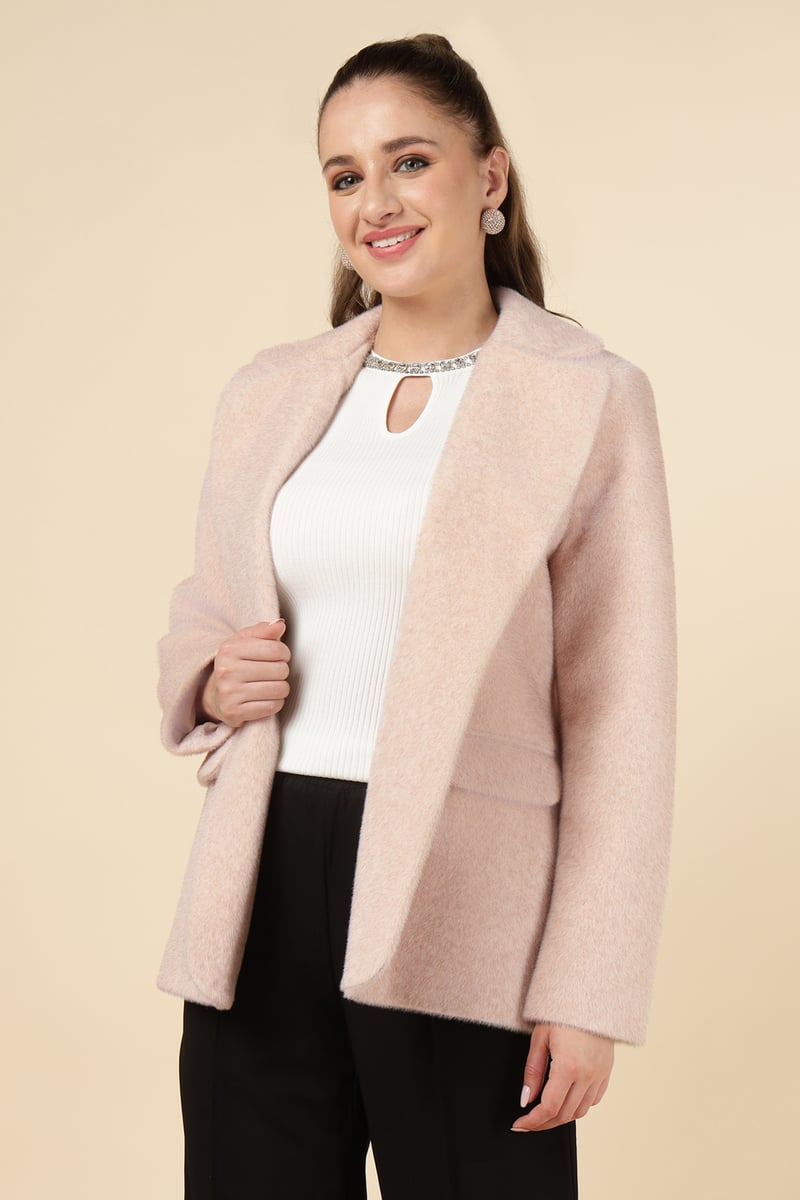 Light Pink Tailored Open-Front Blazer with Patch Pockets