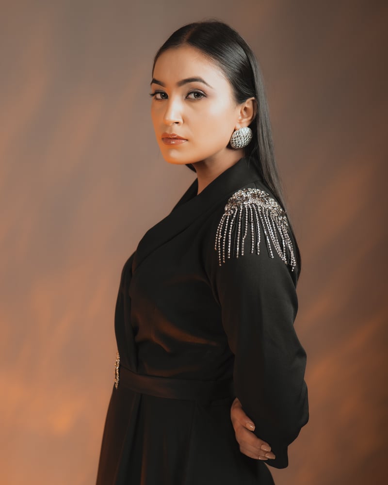 Black Fit and Flare Dress with Embellished Shoulders — Darling Girl