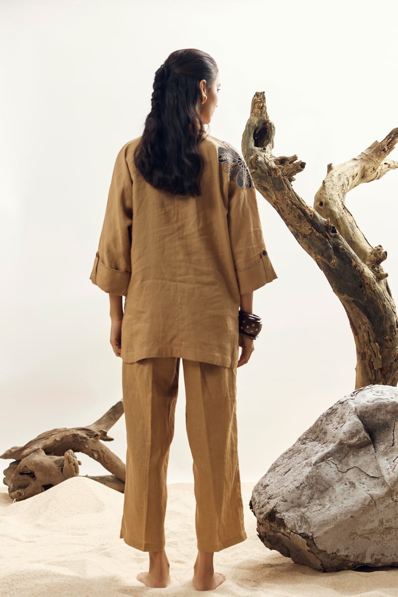 Camel Linen Embroidered Longline Shirt