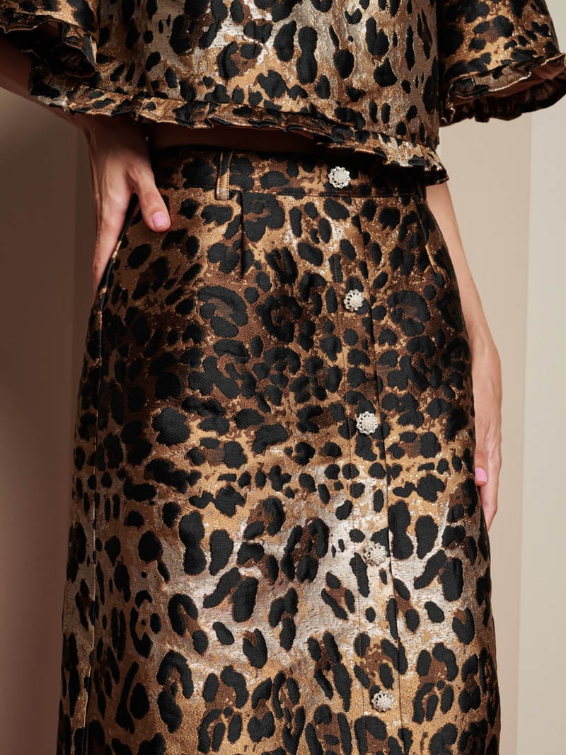 Brown Metallic Leopard Jacquard Midi Skirt