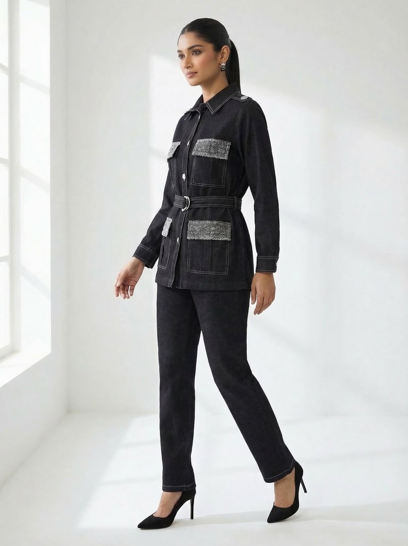 Black Denim Belted Shirt-Jacket and Pants Co-ord Set