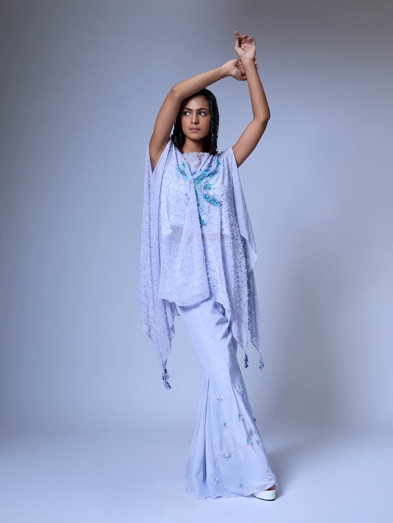 Blue Embellished Kaftan Kurta Set with Flared Pants