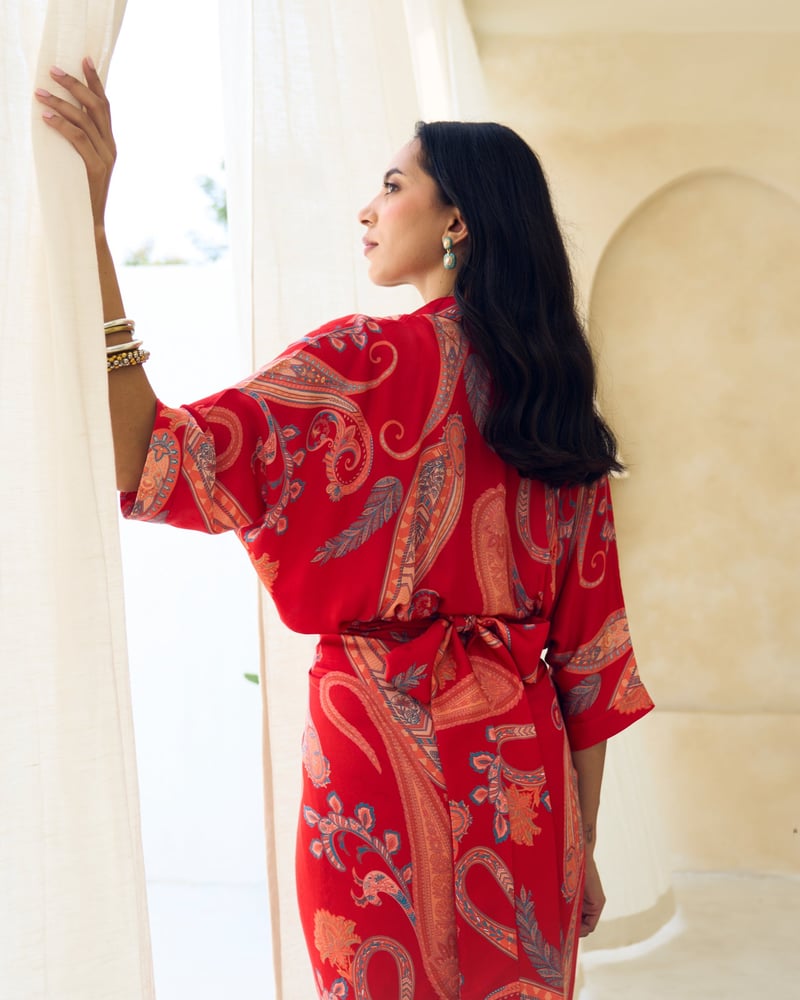 Red Paisley Wrap Midi Dress with Twist-Knot Waist