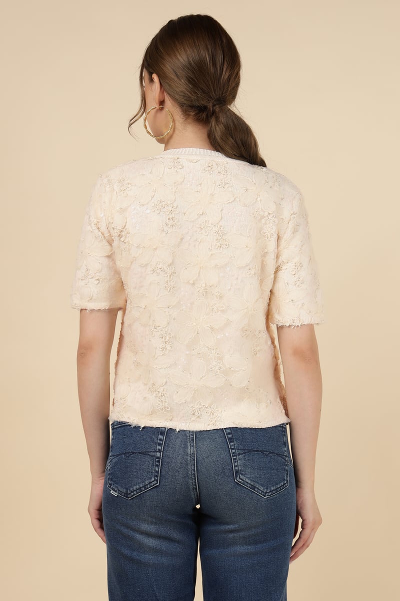 Beige Floral Textured Button-Front Cardigan