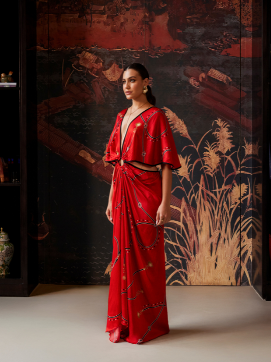 Red Cupro Satin Printed Maxi Gown with Waist Cut-Outs