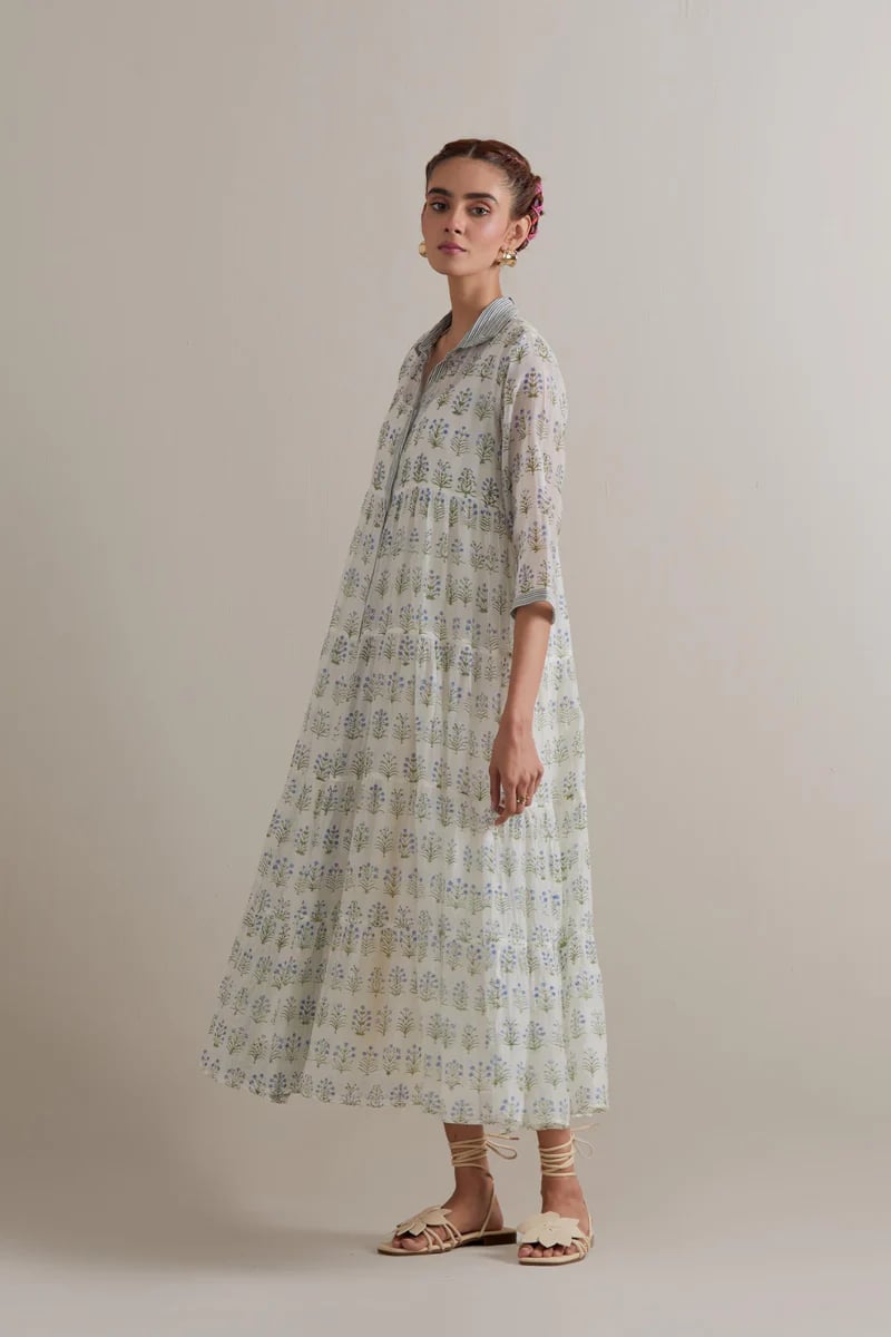 Blue/Green Floral Printed Tiered Kurta Set with Slip