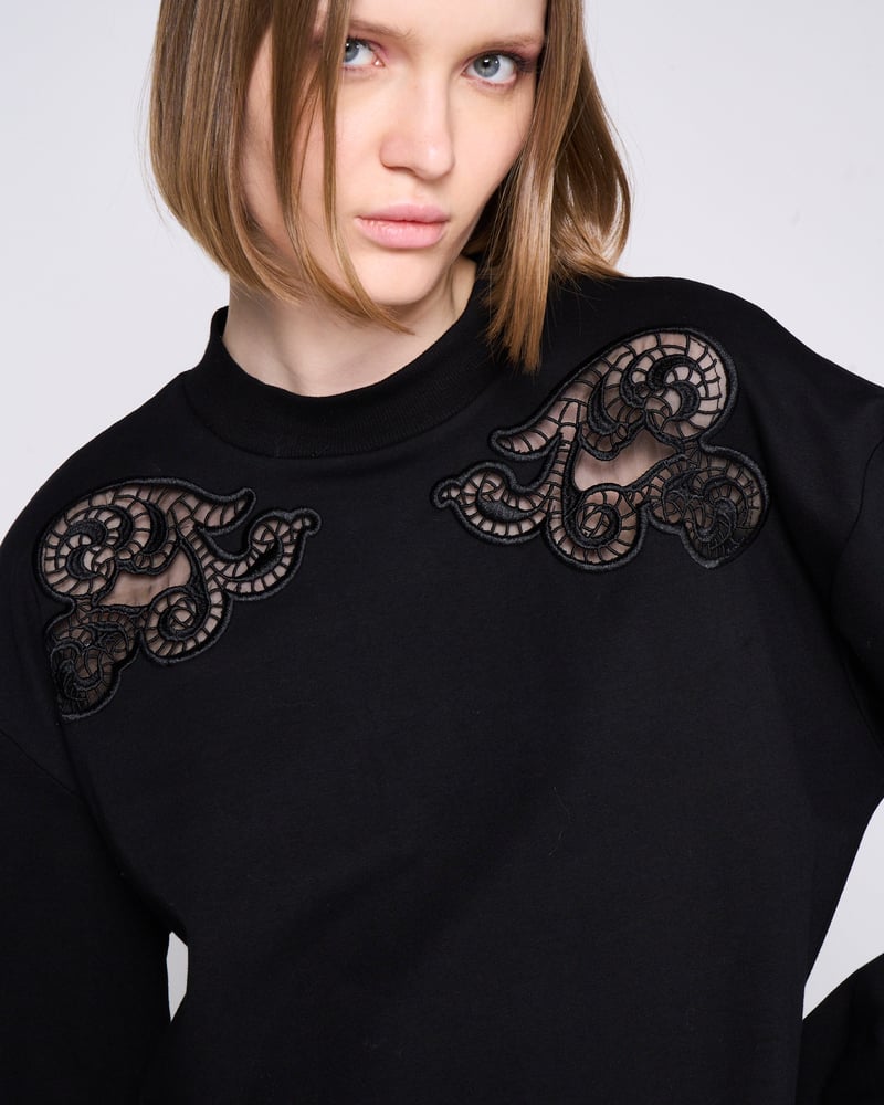 Black Longline Sweatshirt Dress with Shoulder Applique
