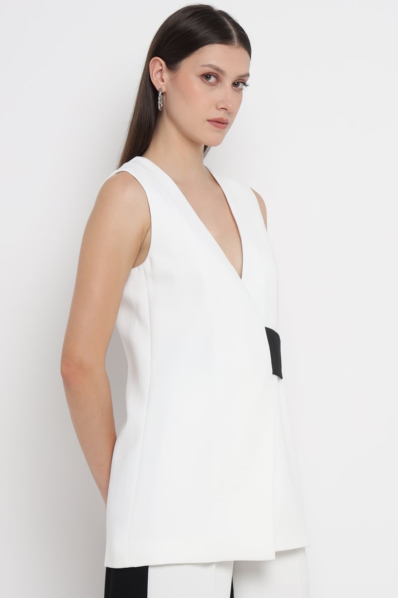 White V-Neck Longline Waistcoat with Black Waist Accent