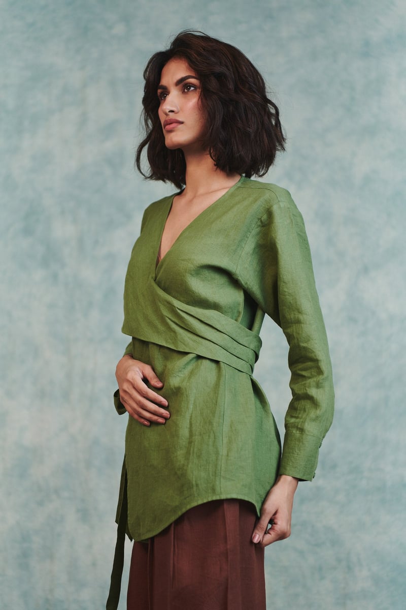 Moss Green Linen Wrap Top with Full Sleeves