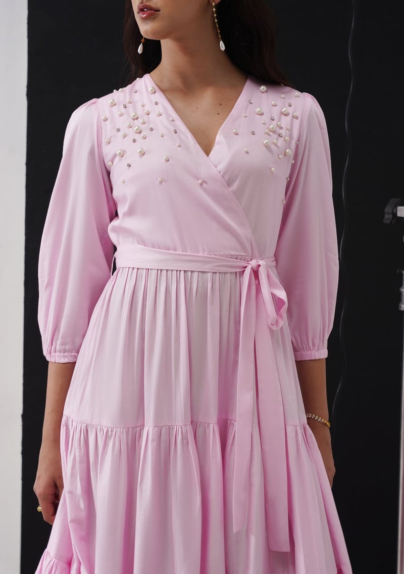 Baby Pink Embellished Tiered Wrap Midi Dress