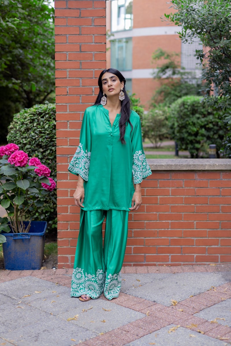 Emerald Green Embroidered Kurta and Farshi Salwar Set