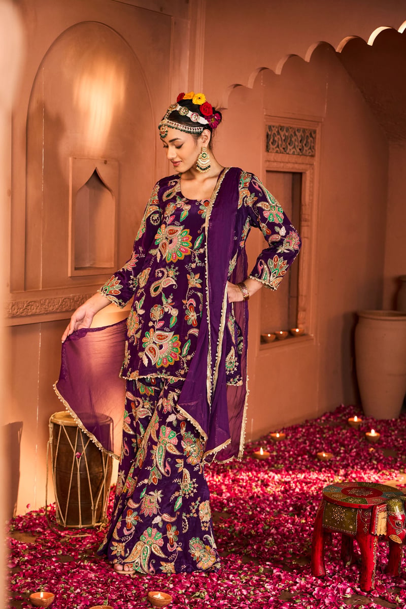 Purple Embroidered Kurta Sharara Set with Dupatta