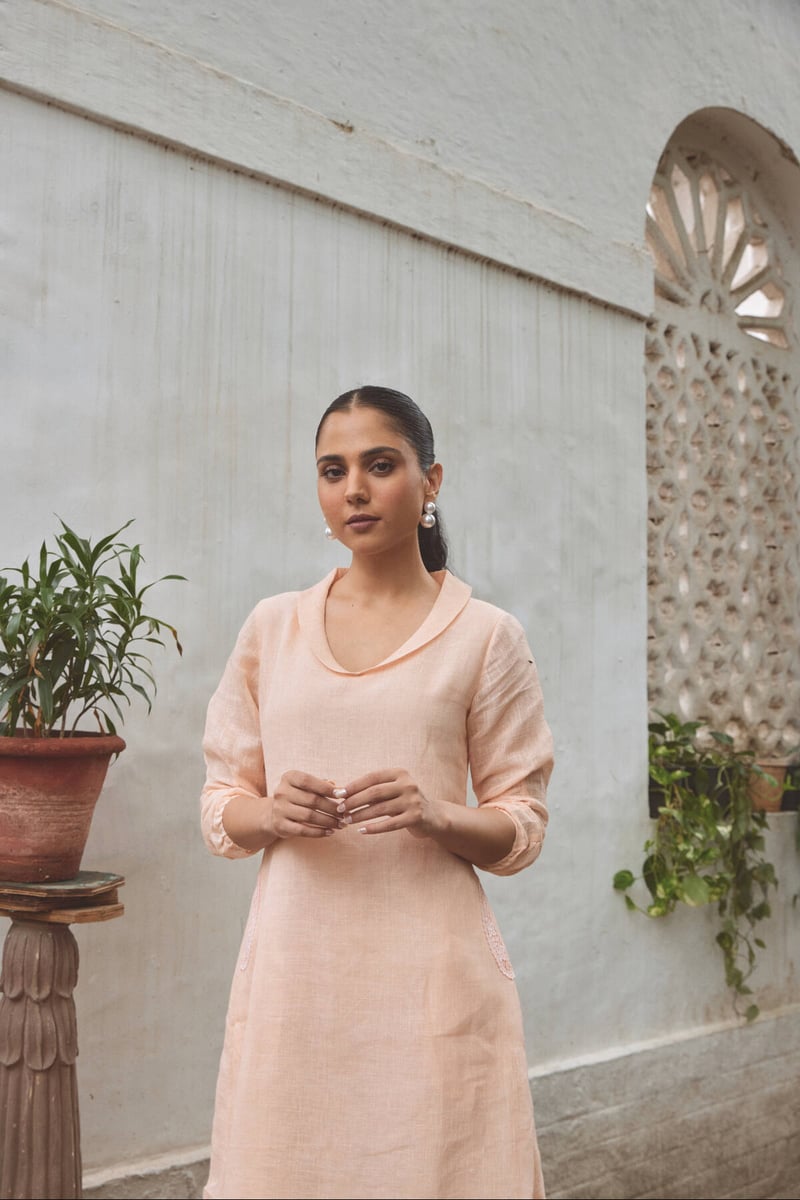 Peach Linen Straight Midi Dress with V-Neck and Pockets
