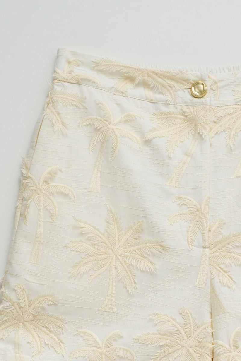 Ivory High-Waist Cotton Embroidered Shorts