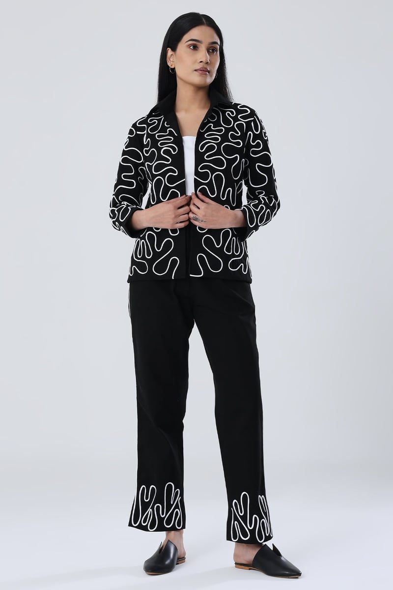 Black Organic Cotton Twill Blazer with White Dori Work — SHIBUI