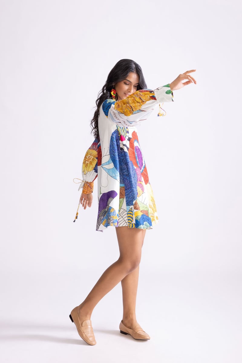 Ivory/Multi Tribal Print Shift Mini Dress with Bell Sleeves