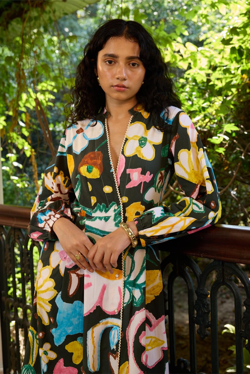 Deep Green Tropical Floral Button-Front Midi Dress