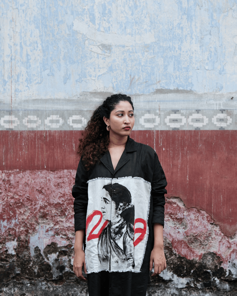 Black Linen-Cotton Midi Shirt Dress with Graphic Panel
