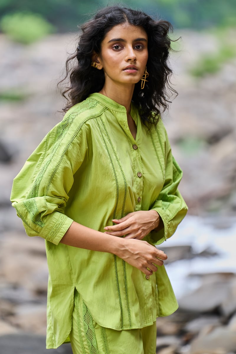 Lime Lace Insert Button-Down Shirt with Band Collar