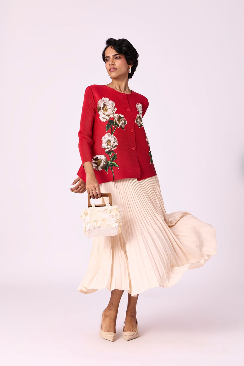 Red Pleated Floral Button-Down Shirt with Pearl Accents