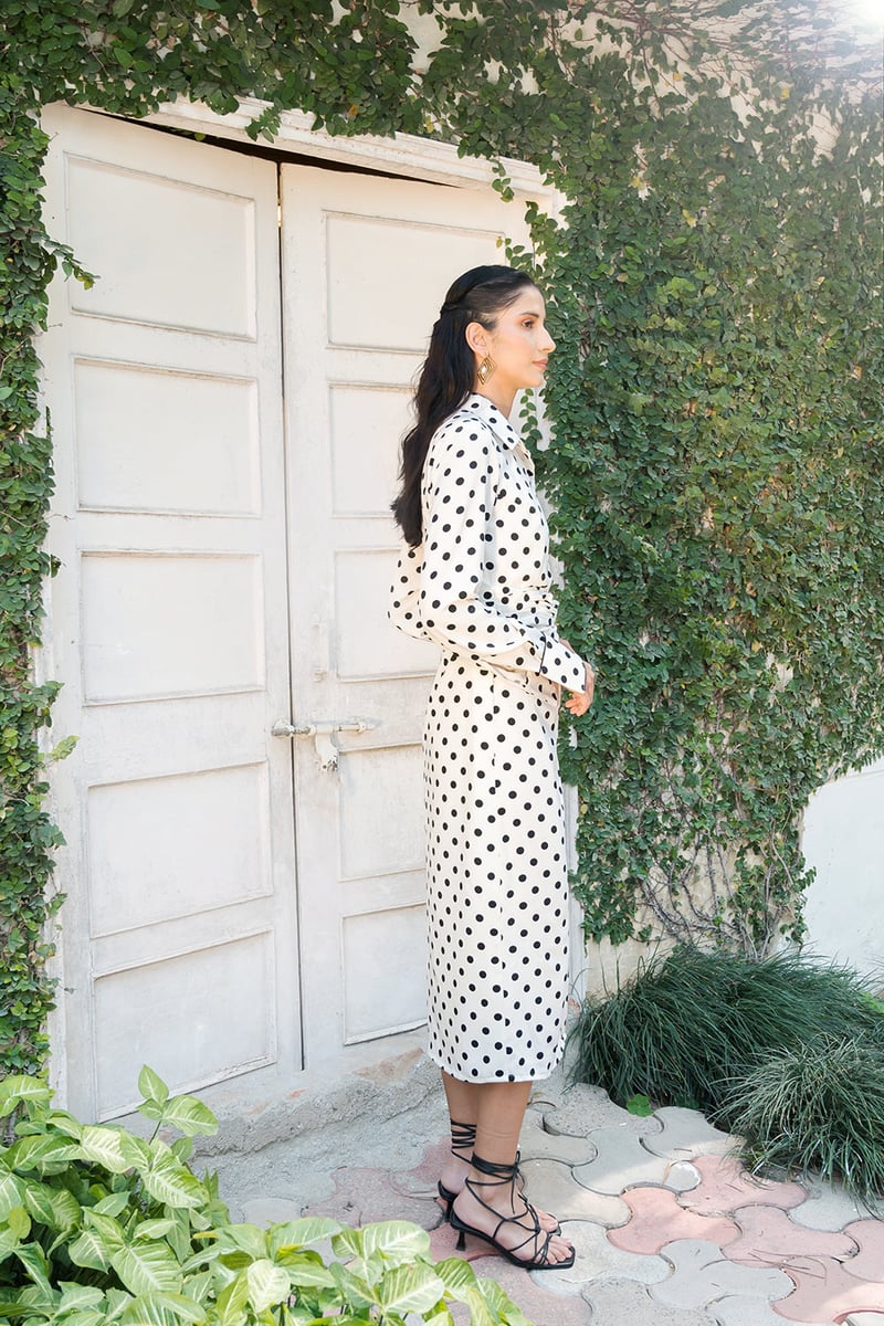 Off-White Polka Dot Knot-Waist Midi Shirt Dress