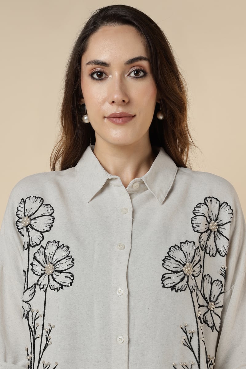 Natural Floral Embellished Longline Shirt