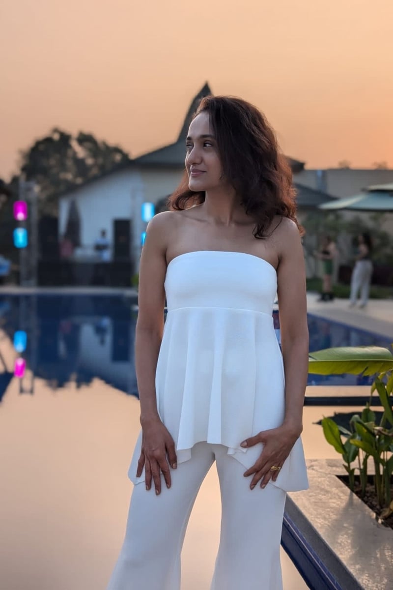White Strapless Asymmetric Flared Tube Top