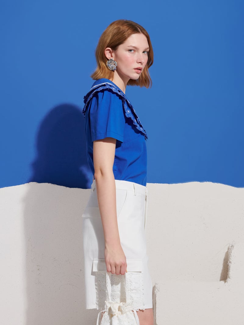 Cobalt Blue Embroidered Ruffle Collar Button-Down Blouse