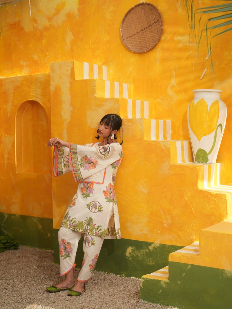 Off-White Tropical Print Kurta Set with Bell Sleeves