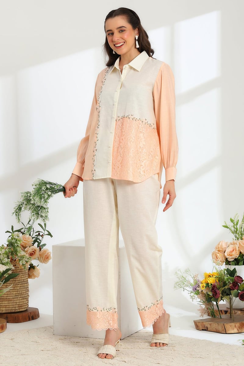 Florea Peach Hand Embroidered French Lace Silk Linen Co-Ord Set