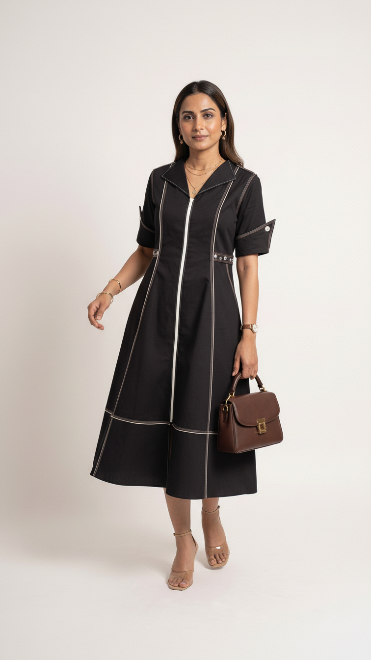 Black Zip-Front Fit and Flare Midi Dress — Our Love