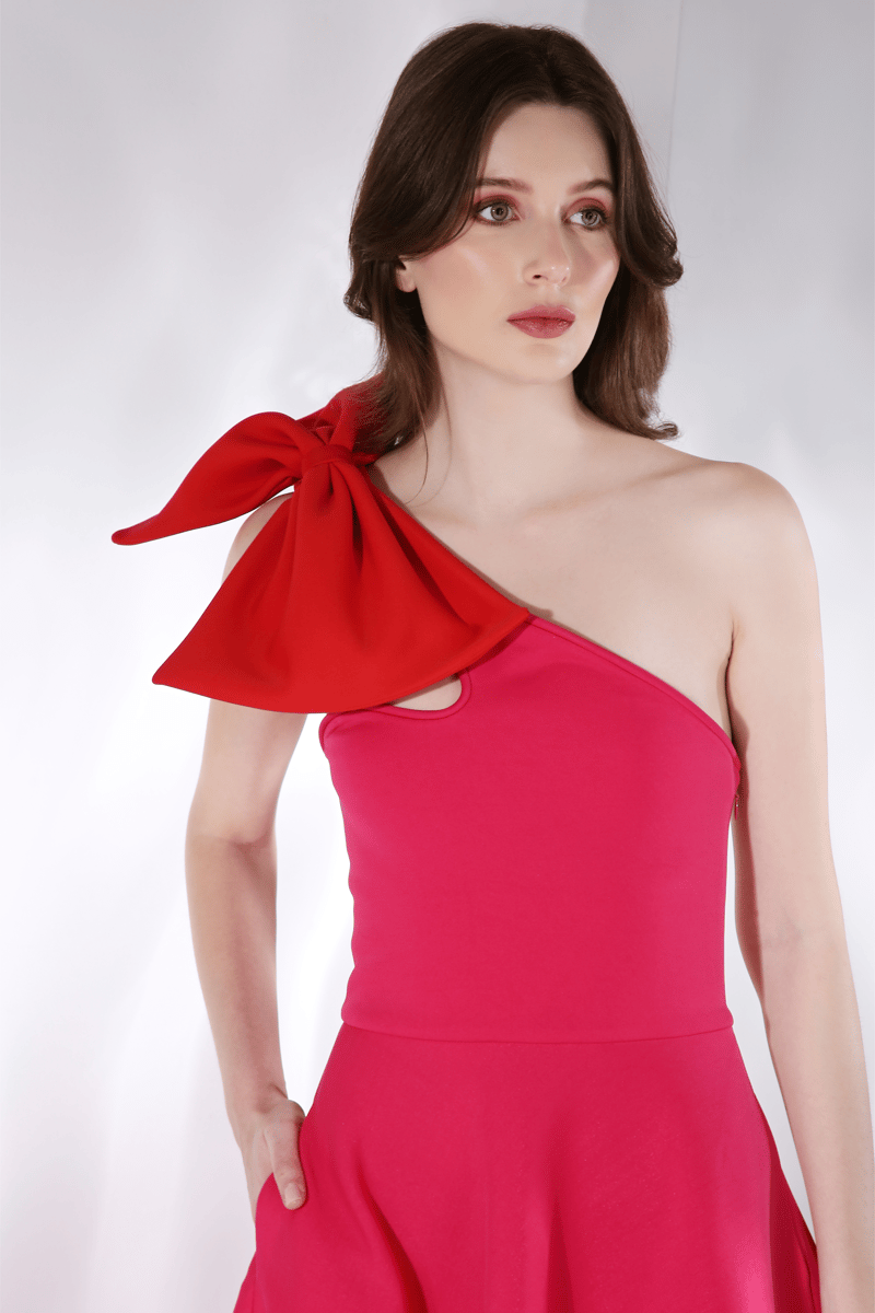 Hot Pink Fit and Flare Midi Dress with Detachable Bow